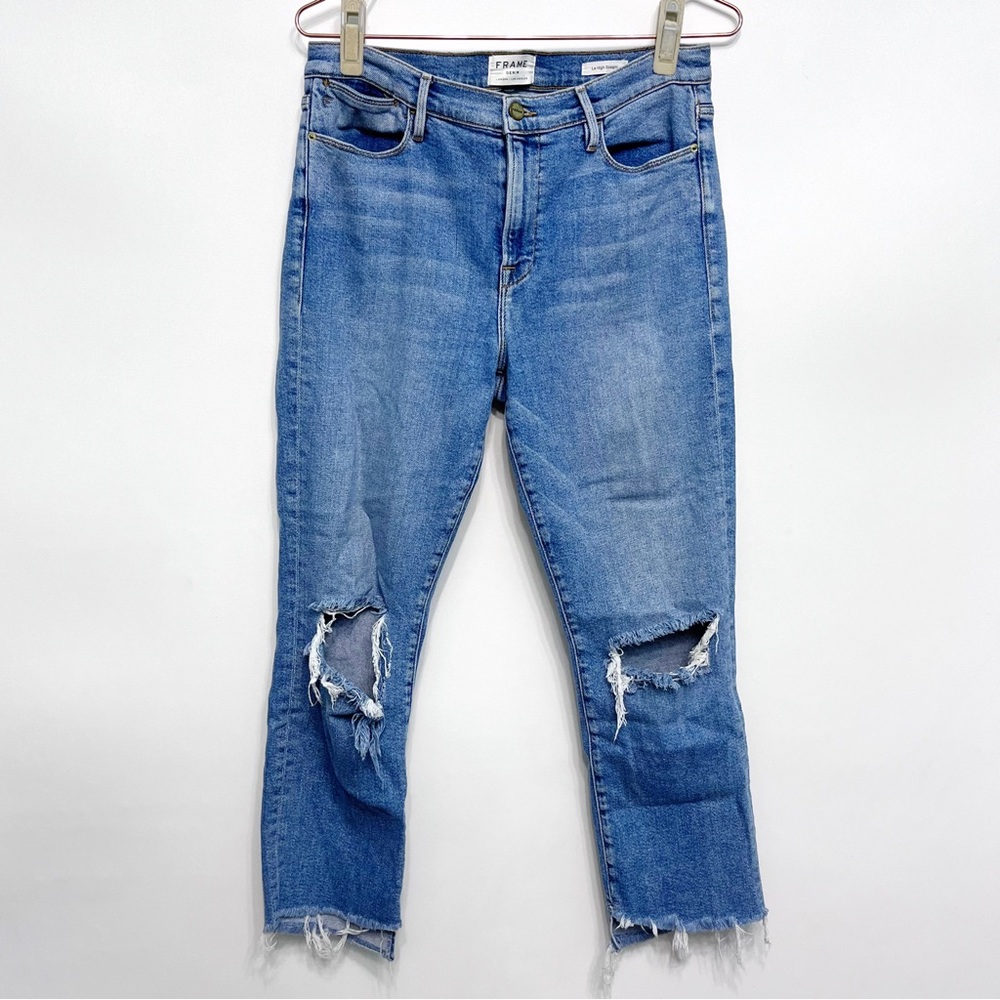 frame | le high straight oakdale wash distressed raw hem 30